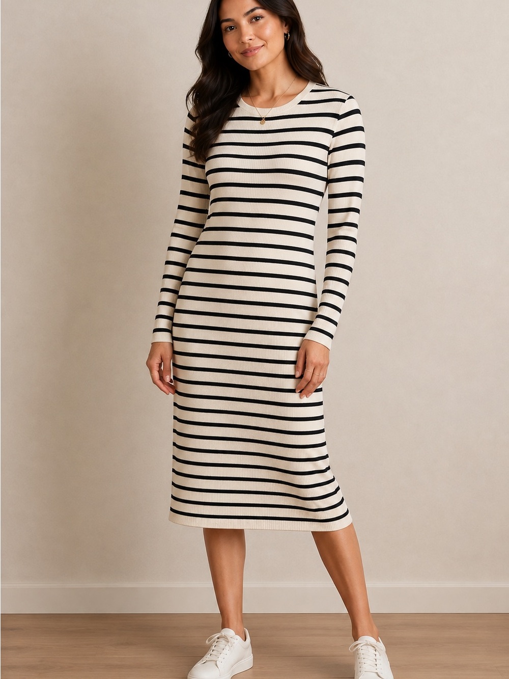 Universal Thread Cream and Black Striped Long-Sleeve Ribbed Midi Dress